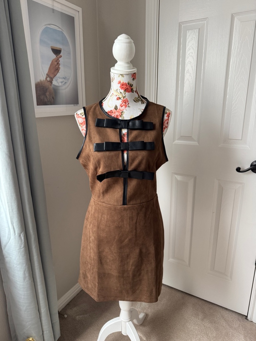 Anthropologie Brown Faux-Suede Mini Dress with Black Trim